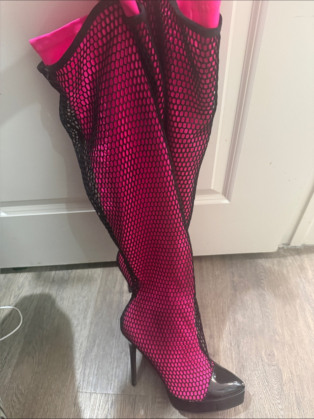 NWOT Hot Pink Mesh Over-the-Knee Platform Stiletto Boots - Size 10